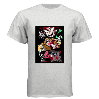 HEATHER WHITE - FRONT Demon Slayer power unleashed anime t-shirt featuring triple transformation panel design on unisex triblend fabric
