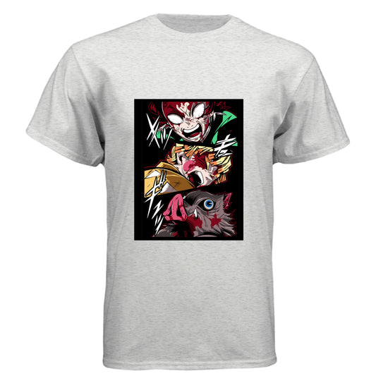 HEATHER WHITE - FRONT Demon Slayer power unleashed anime t-shirt featuring triple transformation panel design on unisex triblend fabric
