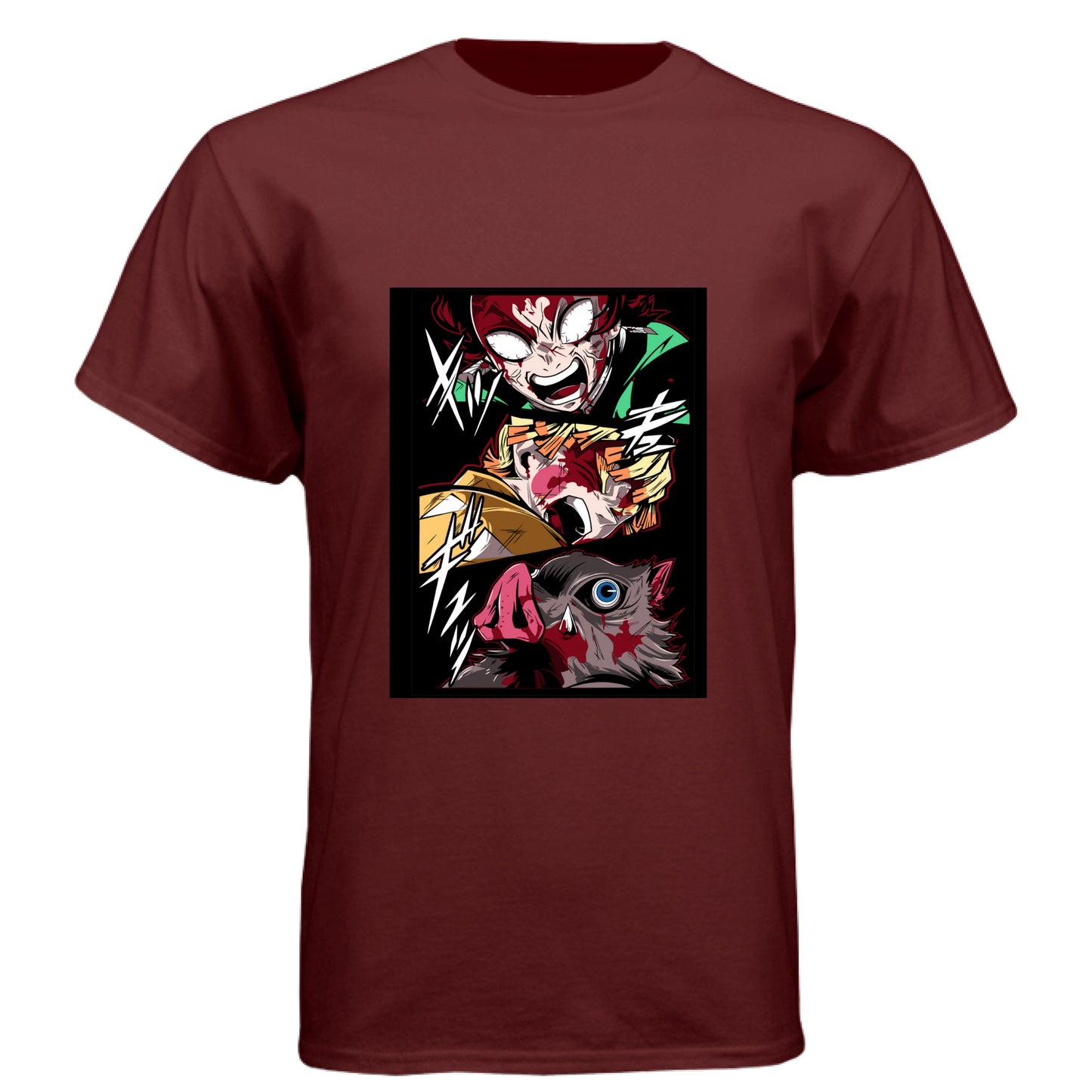 Cardinal Black - FRONT Demon Slayer power unleashed anime t-shirt featuring triple transformation panel design on unisex triblend fabric
