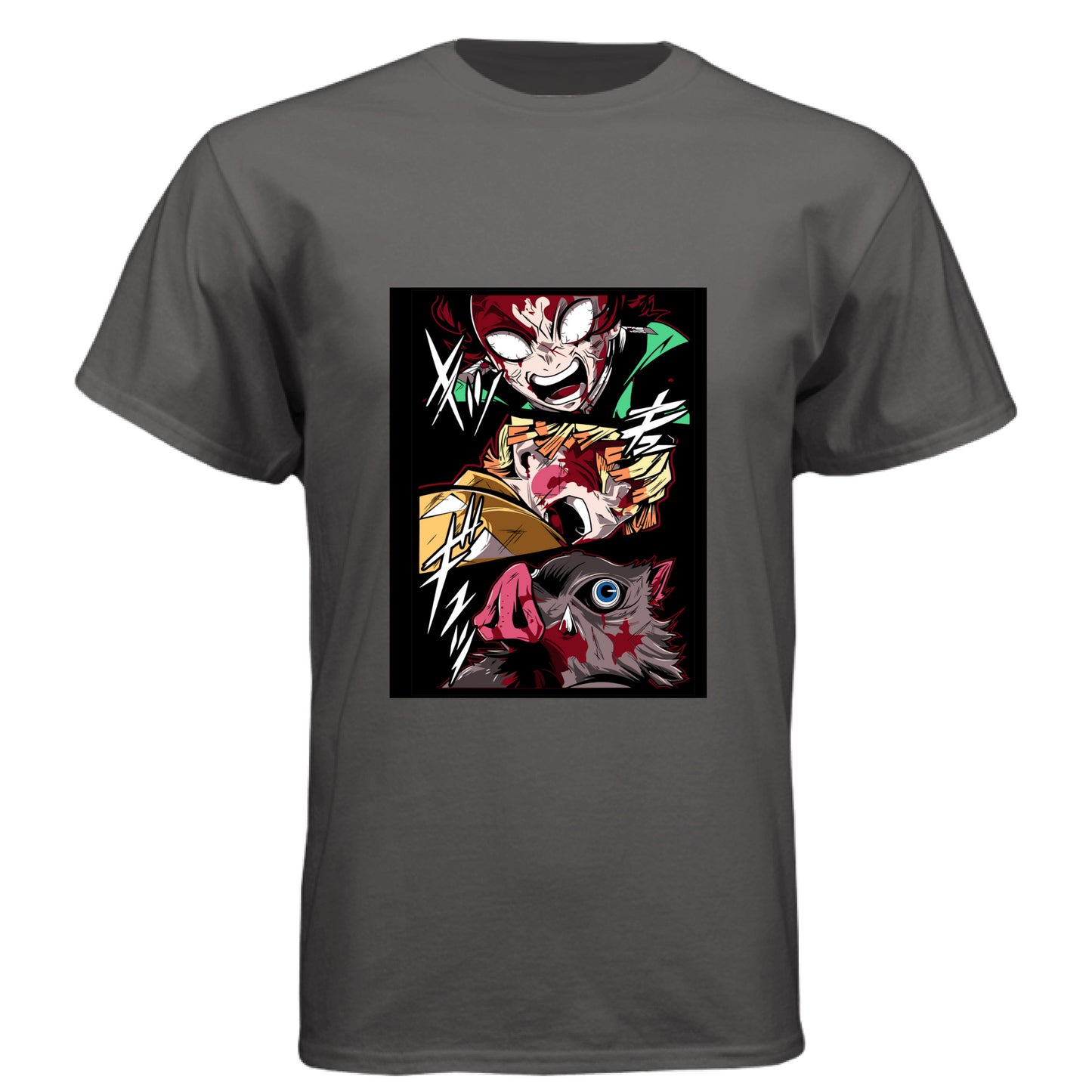 Graphite Black - FRONT Demon Slayer power unleashed anime t-shirt featuring triple transformation panel design on unisex triblend fabric
