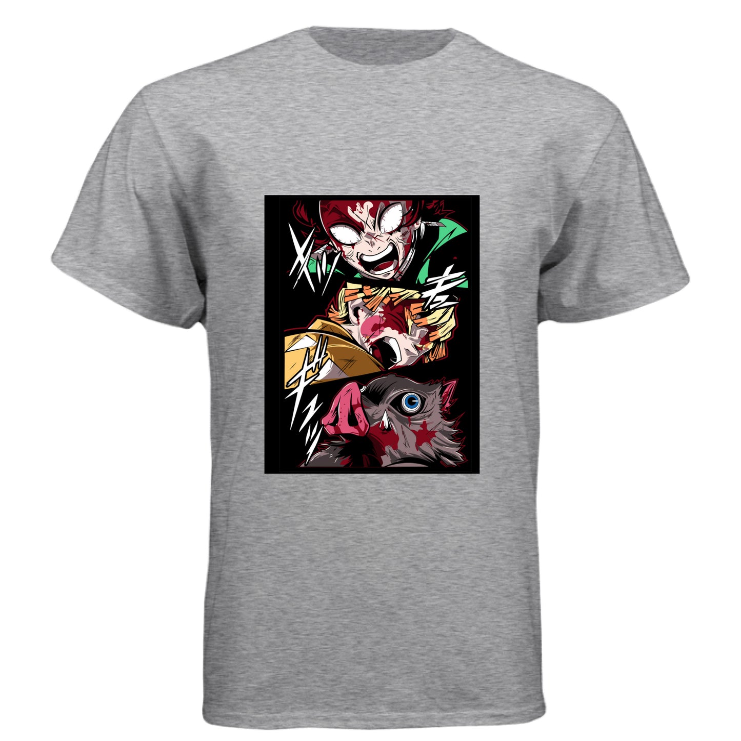 PREMIUM HEATHER - FRONT Demon Slayer power unleashed anime t-shirt featuring triple transformation panel design on unisex triblend fabric
