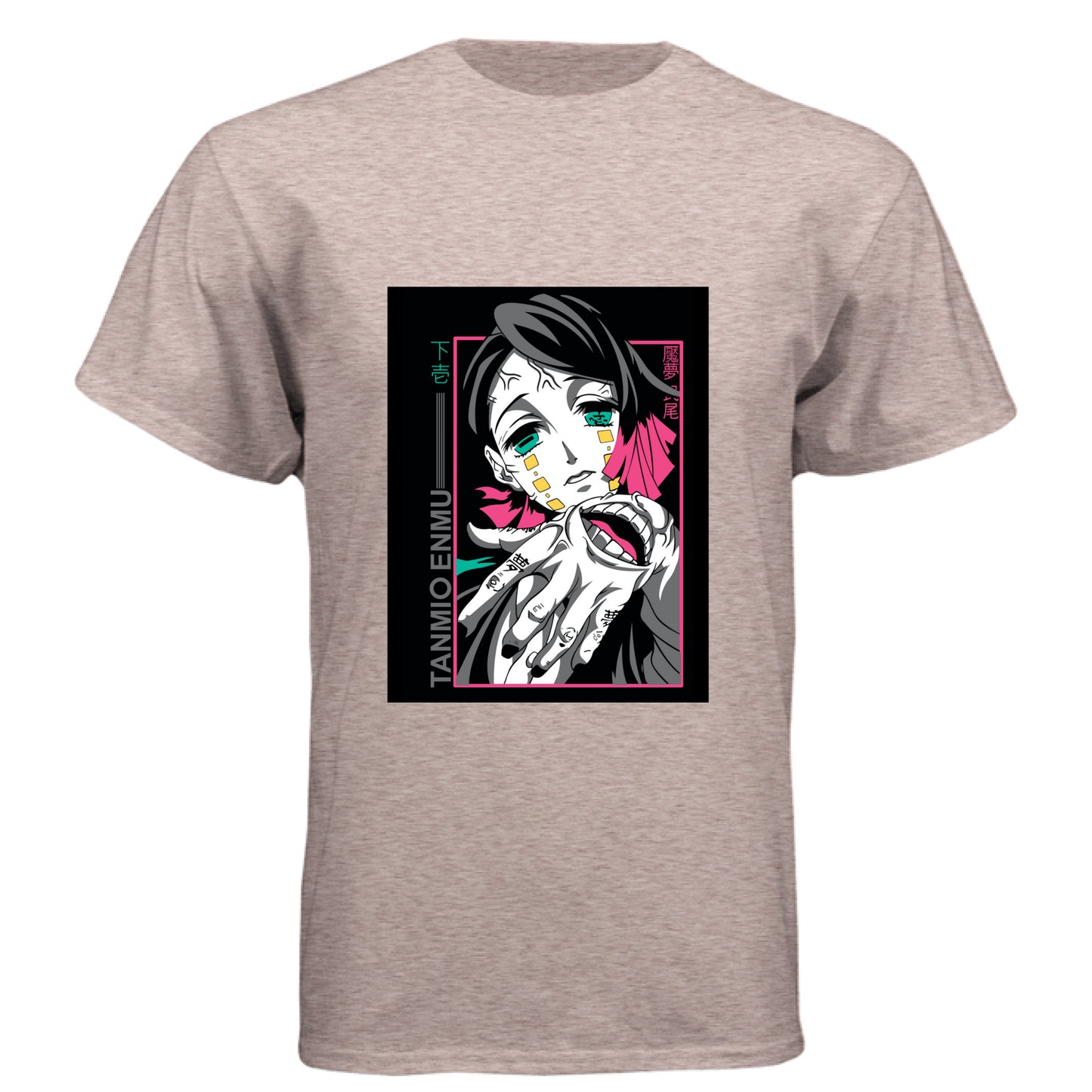 Desert Pink - FRONT Demon Slayer Enmu anime t-shirt featuring Lower Moon One portrait design on unisex triblend fabric
