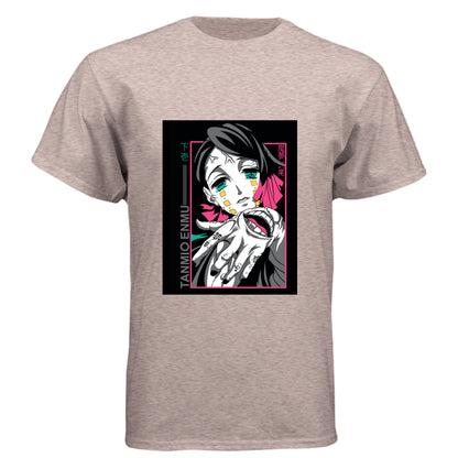 Desert Pink - FRONT Demon Slayer Enmu anime t-shirt featuring Lower Moon One portrait design on unisex triblend fabric
