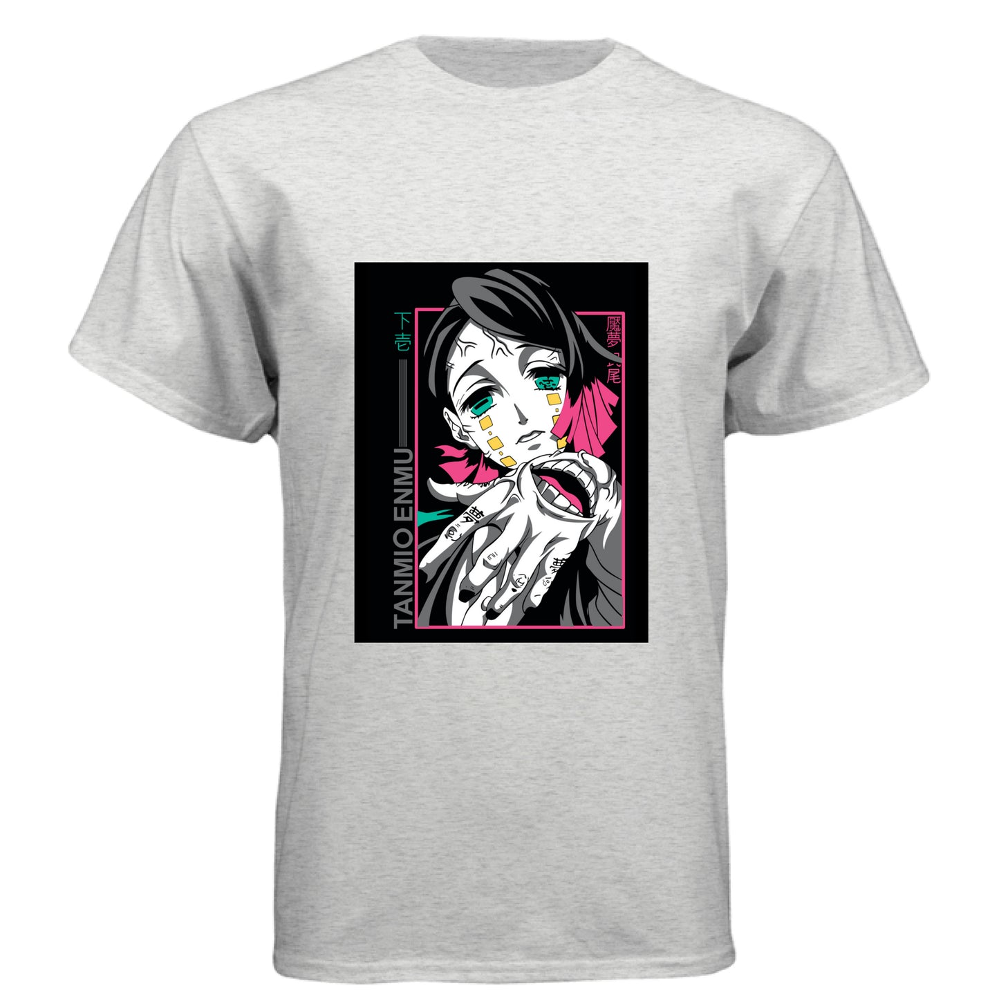 HEATHER WHITE - FRONT Demon Slayer Enmu anime t-shirt featuring Lower Moon One portrait design on unisex triblend fabric
