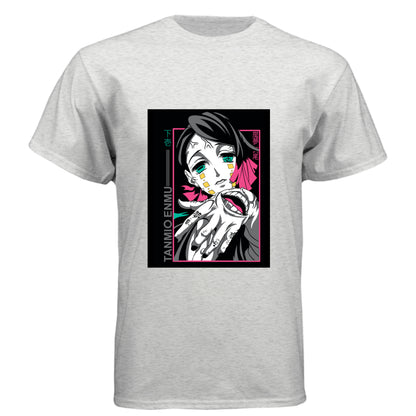 HEATHER WHITE - FRONT Demon Slayer Enmu anime t-shirt featuring Lower Moon One portrait design on unisex triblend fabric
