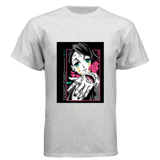 HEATHER WHITE - FRONT Demon Slayer Enmu anime t-shirt featuring Lower Moon One portrait design on unisex triblend fabric
