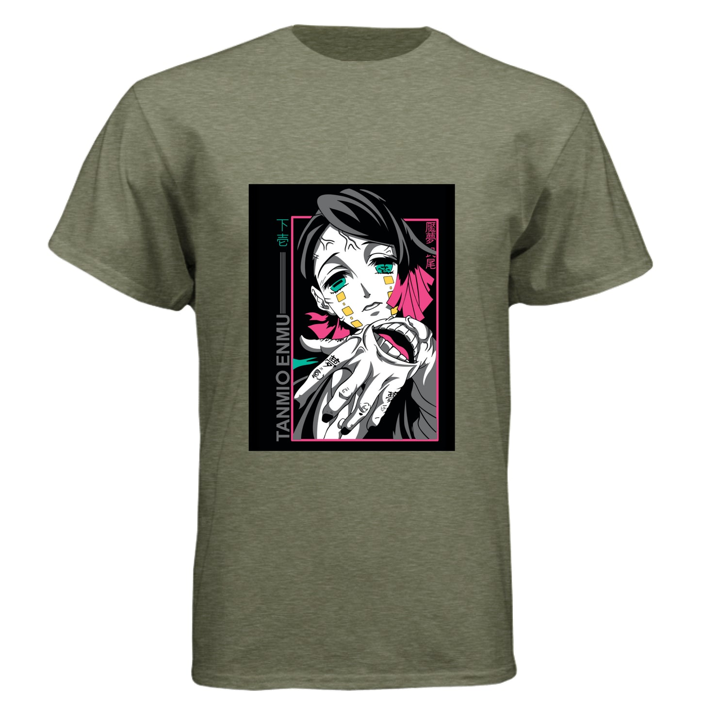 MILITARY GREEN - FRONT Demon Slayer Enmu anime t-shirt featuring Lower Moon One portrait design on unisex triblend fabric
