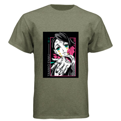 MILITARY GREEN - FRONT Demon Slayer Enmu anime t-shirt featuring Lower Moon One portrait design on unisex triblend fabric
