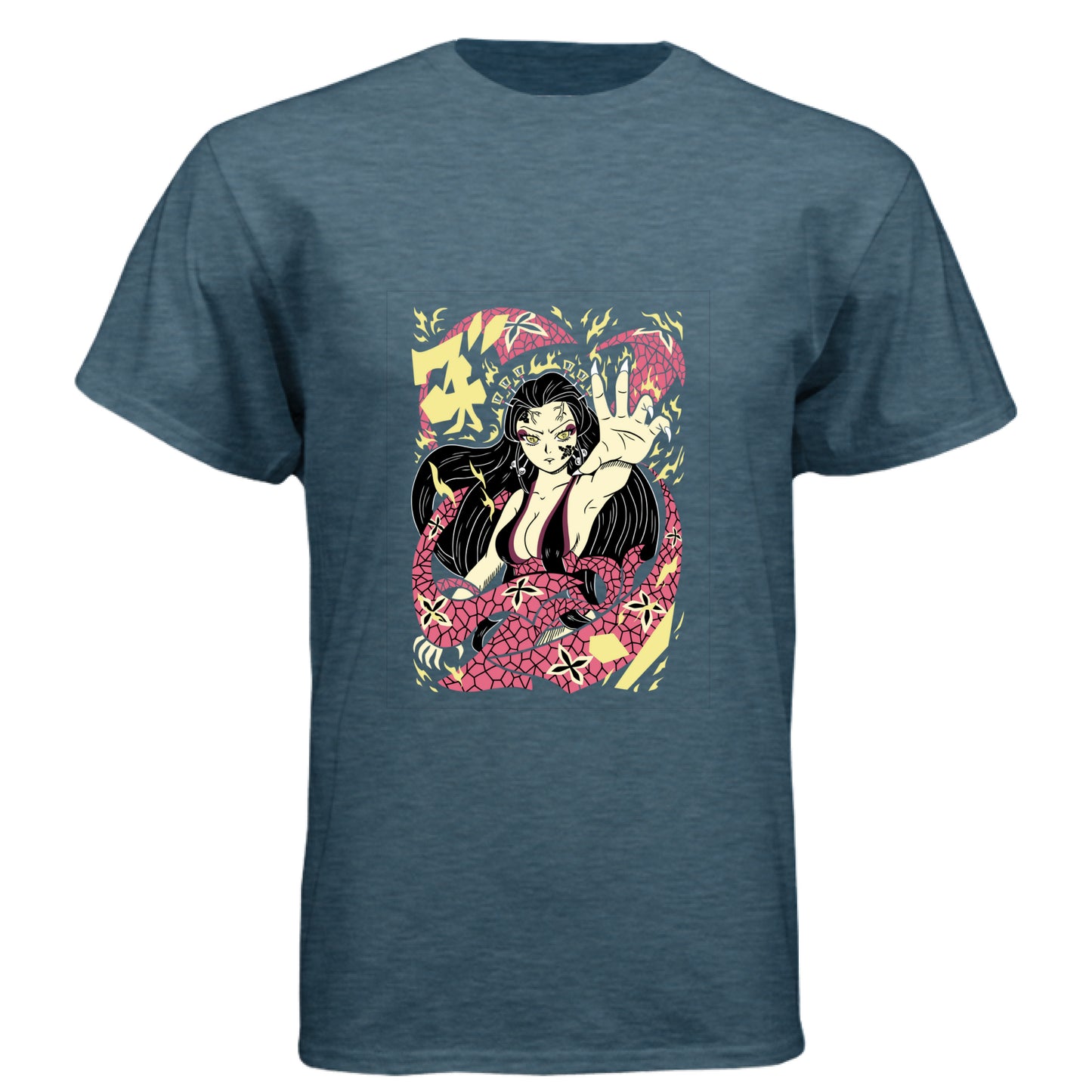 INDIGO - FRONT Demon Slayer Nezuko Kamado anime t-shirt featuring traditional Japanese art demon form design on unisex triblend fabric
