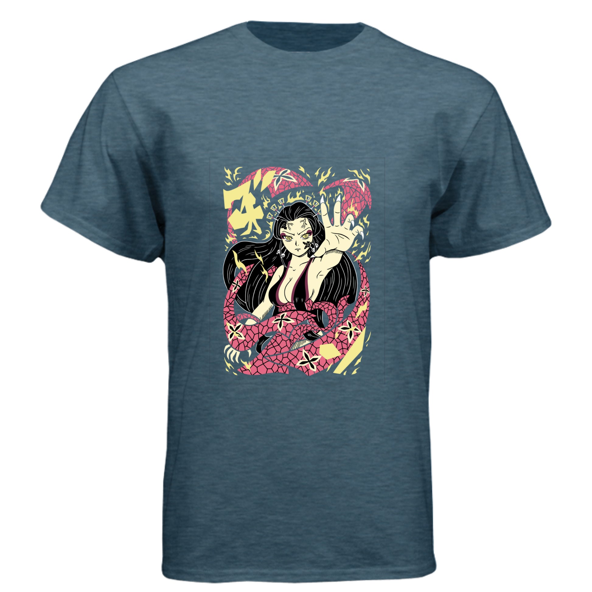 INDIGO - FRONT Demon Slayer Nezuko Kamado anime t-shirt featuring traditional Japanese art demon form design on unisex triblend fabric
