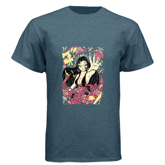 INDIGO - FRONT Demon Slayer Nezuko Kamado anime t-shirt featuring traditional Japanese art demon form design on unisex triblend fabric
