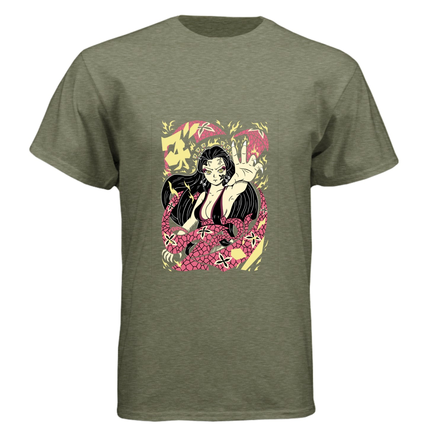 MILITARY GREEN - FRONT Demon Slayer Nezuko Kamado anime t-shirt featuring traditional Japanese art demon form design on unisex triblend fabric
