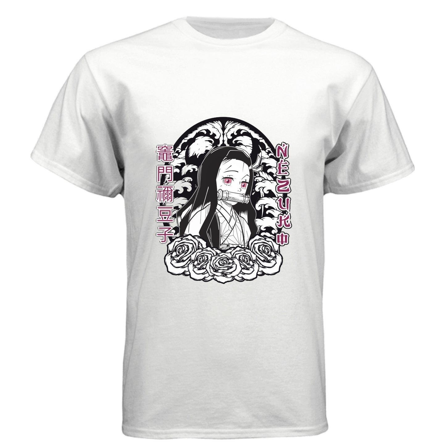 WHITE - FRONT Demon Slayer Nezuko Kamado anime t-shirt featuring chibi traditional bamboo muzzle design on unisex triblend fabric

