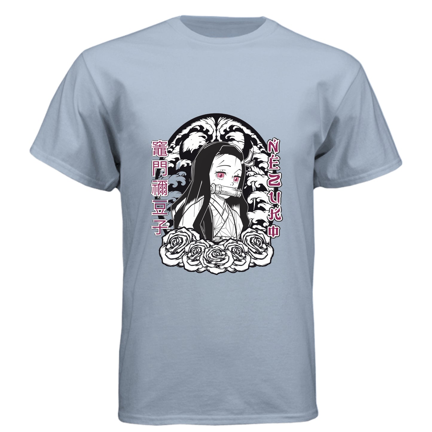 Vintage Stonewash Denim - FRONT Demon Slayer Nezuko Kamado anime t-shirt featuring chibi traditional bamboo muzzle design on unisex triblend fabric

