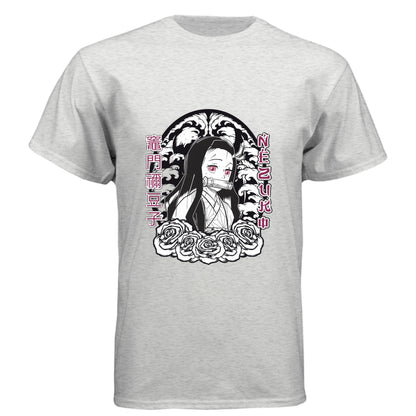HEATHER WHITE - FRONT Demon Slayer Nezuko Kamado anime t-shirt featuring chibi traditional bamboo muzzle design on unisex triblend fabric
