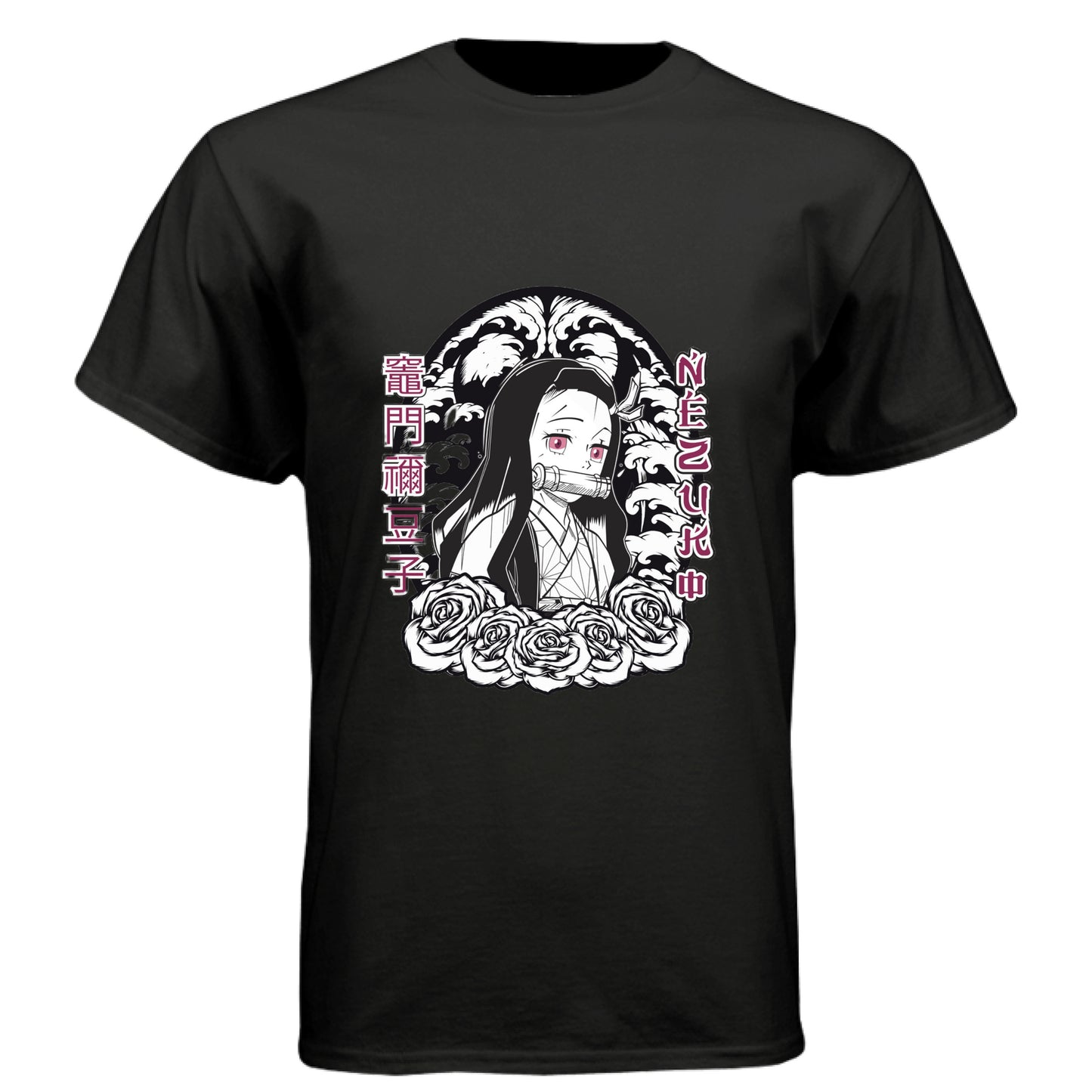 BLACK - FRONT Demon Slayer Nezuko Kamado anime t-shirt featuring chibi traditional bamboo muzzle design on unisex triblend fabric
