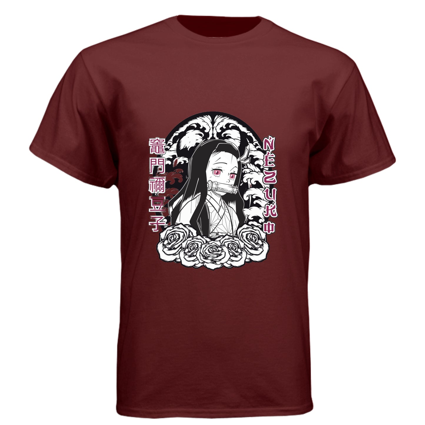 Cardinal Black - FRONT Demon Slayer Nezuko Kamado anime t-shirt featuring chibi traditional bamboo muzzle design on unisex triblend fabric
