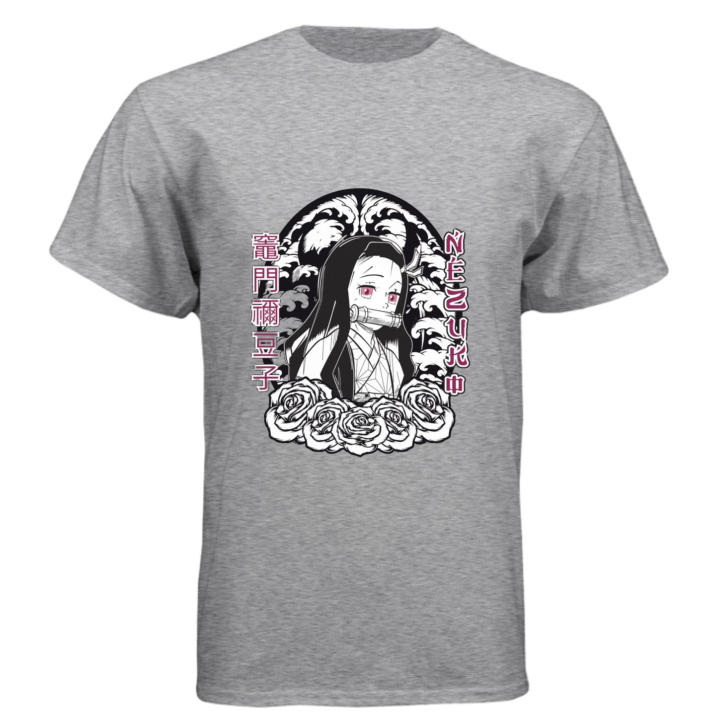 PREMIUM HEATHER - FRONT Demon Slayer Nezuko Kamado anime t-shirt featuring chibi traditional bamboo muzzle design on unisex triblend fabric
