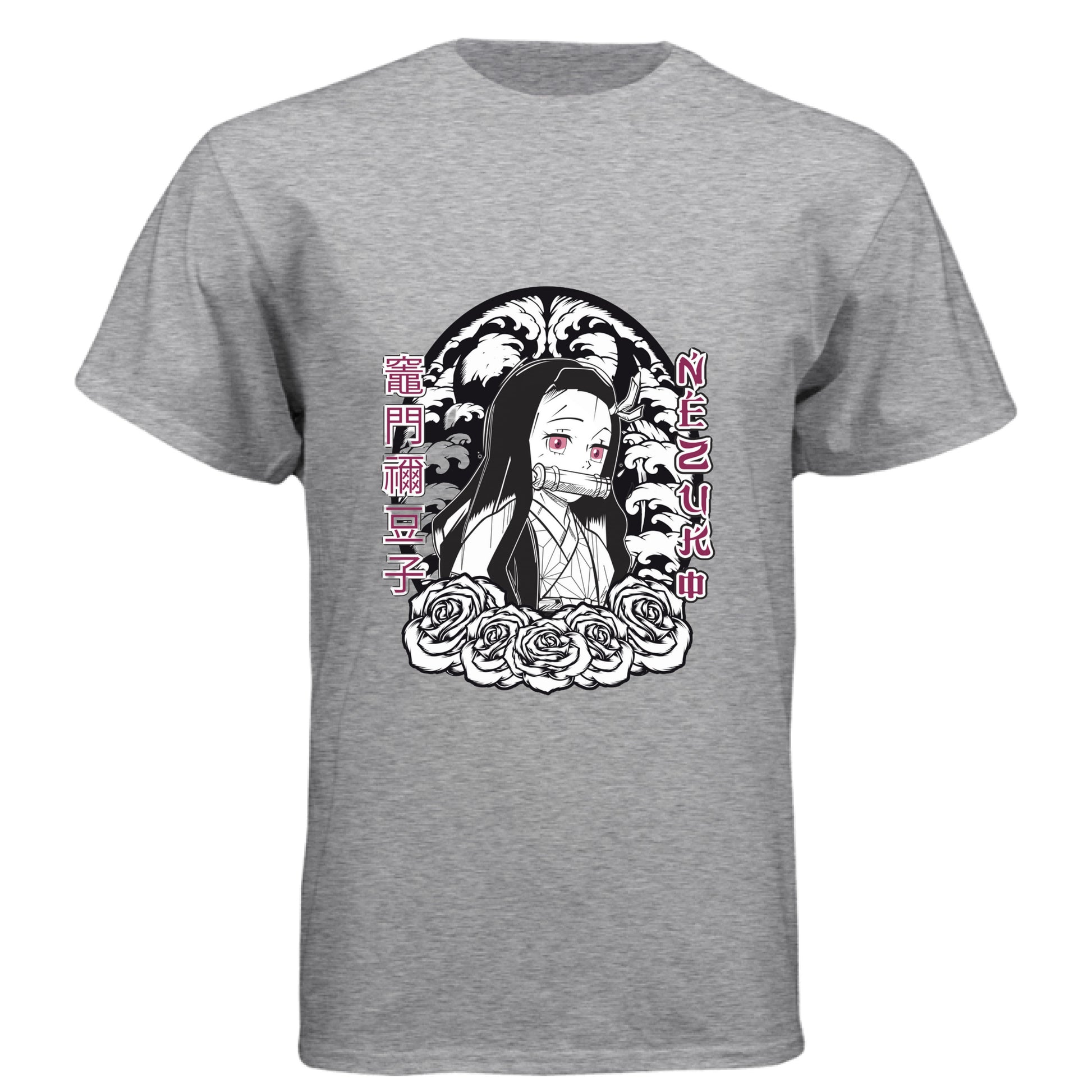 PREMIUM HEATHER - FRONT Demon Slayer Nezuko Kamado anime t-shirt featuring chibi traditional bamboo muzzle design on unisex triblend fabric
