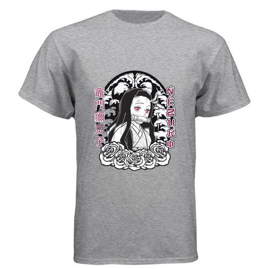PREMIUM HEATHER - FRONT Demon Slayer Nezuko Kamado anime t-shirt featuring chibi traditional bamboo muzzle design on unisex triblend fabric

