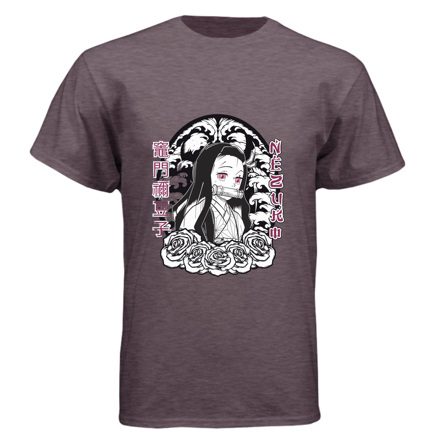 VINTAGE PURPLE - FRONT Demon Slayer Nezuko Kamado anime t-shirt featuring chibi traditional bamboo muzzle design on unisex triblend fabric
