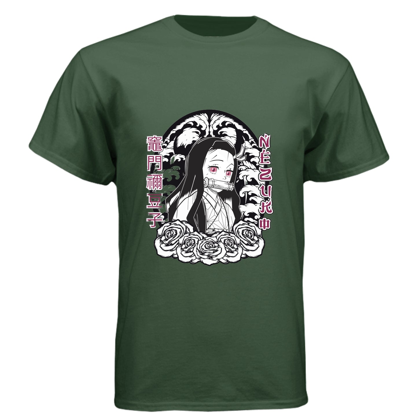 Black Forest - FRONT Demon Slayer Nezuko Kamado anime t-shirt featuring chibi traditional bamboo muzzle design on unisex triblend fabric
