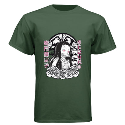 Black Forest - FRONT Demon Slayer Nezuko Kamado anime t-shirt featuring chibi traditional bamboo muzzle design on unisex triblend fabric
